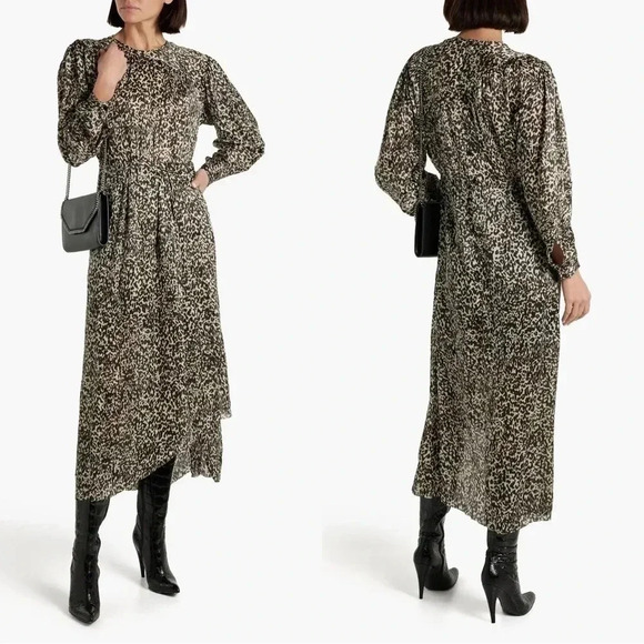 IRO Romeri Silk Crepon Leopard Pleated Midi Dress Asymmetric Hem Size 34 XS - Picture 1 of 16